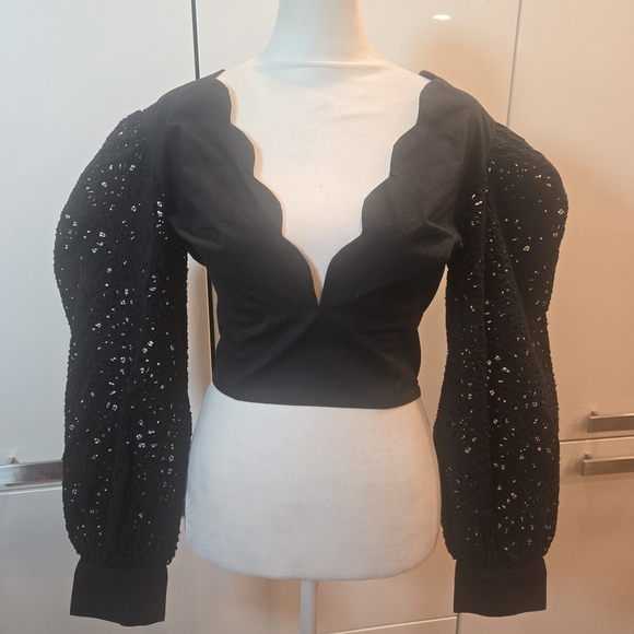 Eyelet Embroidered Balloon Sleeve Plunge V-Neck Cropped Top Black Small - Picture 1 of 8